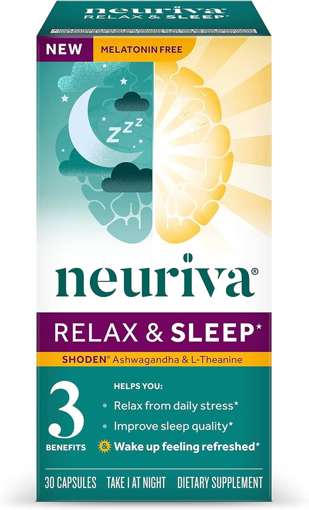 NEURIVA Melatonine Supplément d'aide au sommeil naturel gratuit avec L-Theanine pour vous aider à vous détendre et Ashwagandha pour soutenir le sommeil restaurateur afin que vous puissiez vous réveiller Se sentir rafraîchi, 30ct Capsules