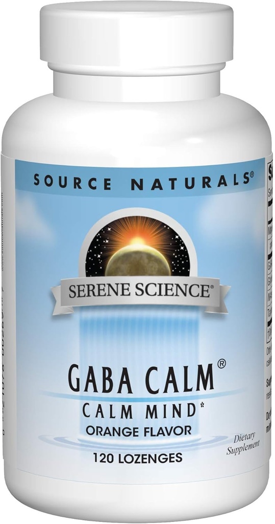 Source Naturals Serene Science GABA Calm 125mg Supplément d'arôme orange Support naturel - Avec ajouté Magnésium, Glycine, N-acétyl L-Tyrosine, Taurine et plus - 120 Lozenges