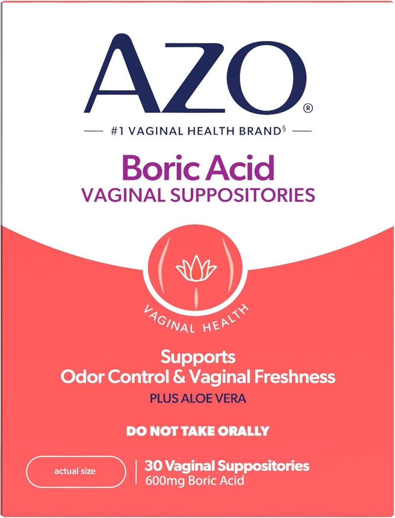 AZO® Acide borique Suppositoires vaginales, aide à soutenir le contrôle des odeurs et la santé intime avec l'acide borique cliniquement étudié, non-OGM, 30 Compte