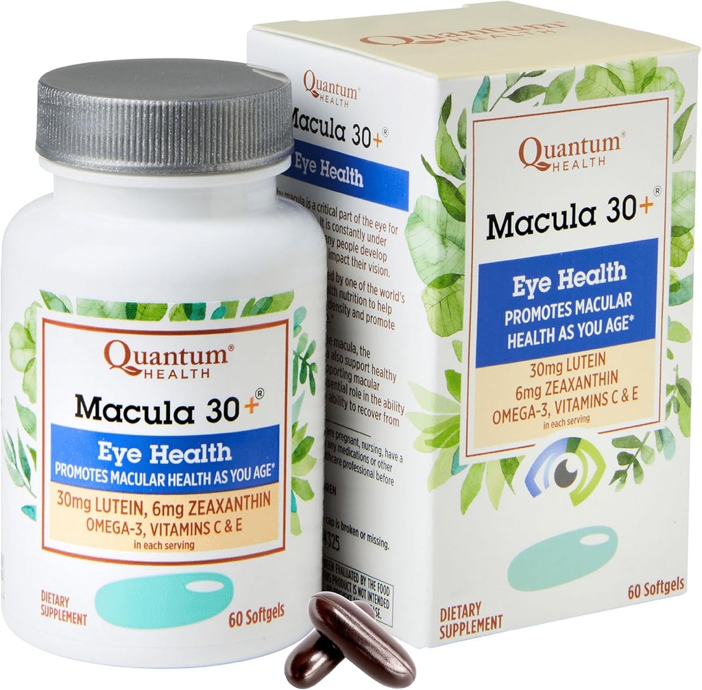 Quantum Health Macula 30+ Supplément pour soins oculaires favorise la santé maculaire et rétinienne à mesure que vous vieillissez avec la lutéine Zeaxanthin Omega-3 Vitamines C & E Nutrition quotidienne pour les femmes et les hommes - 60 Softgels