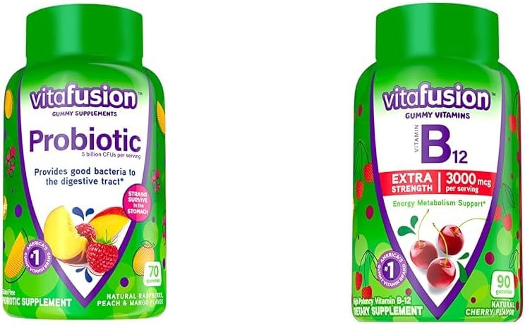 Suppléments gommy probiotiques de Vitafusion, framboise, pèche et mangues et vitamine B12 Gummy
