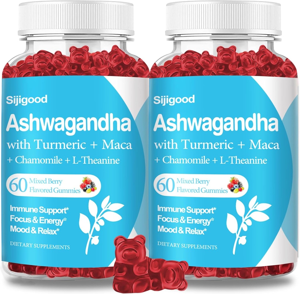 2 Pack Gommies Ashwagandha avec L-theanine, supplément de racine Ashwa Gummy pour les femmes hommes, 120 Gommies mélangées aromatisées Berry