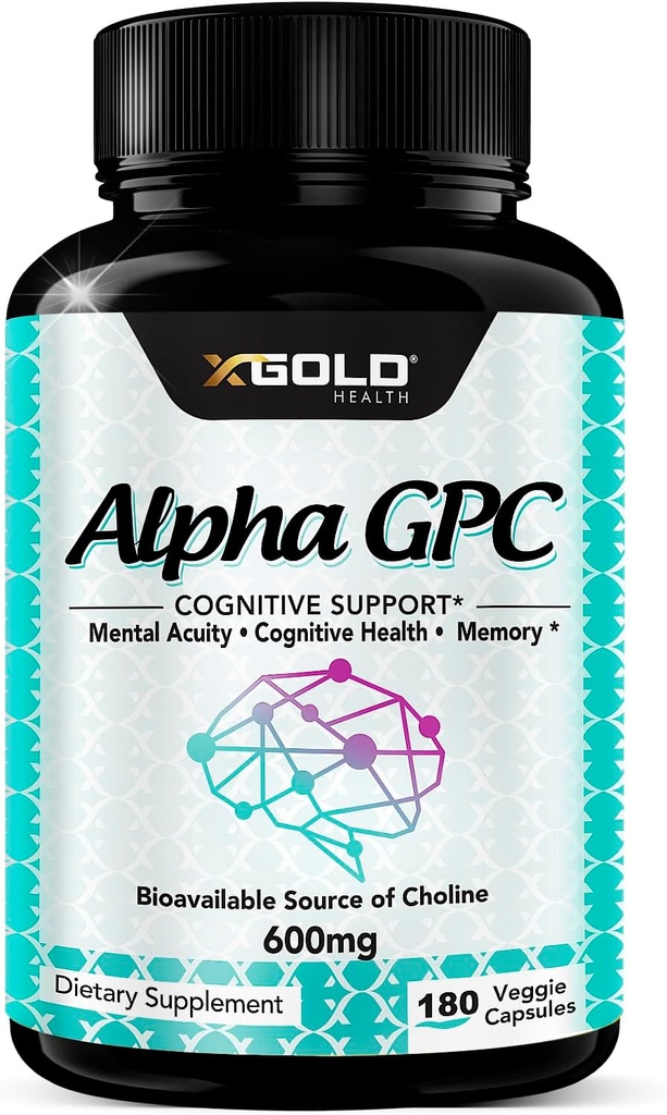 Supplément alpha GPC Choline 600mg, 99%+ Source hautement purifiée et hautement biodisponible de Choline,180 Capsules Veggie, Enhancer cognitif Nootropic, supporte la mémoire et la fonction cérébrale, stimule la concentration et l'humeur