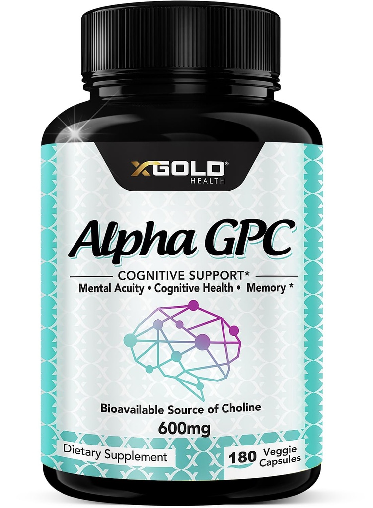 Supplément alpha GPC Choline 600mg, 99%+ Source hautement purifiée et hautement biodisponible de Choline,180 Capsules Veggie, Enhancer cognitif Nootropic, supporte la mémoire et la fonction cérébrale, stimule la concentration et l'humeur