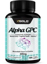 Supplément alpha GPC Choline 600mg, 99%+ Source hautement purifiée et hautement biodisponible de Choline,180 Capsules Veggie, Enhancer cognitif Nootropic, supporte la mémoire et la fonction cérébrale, stimule la concentration et l'humeur