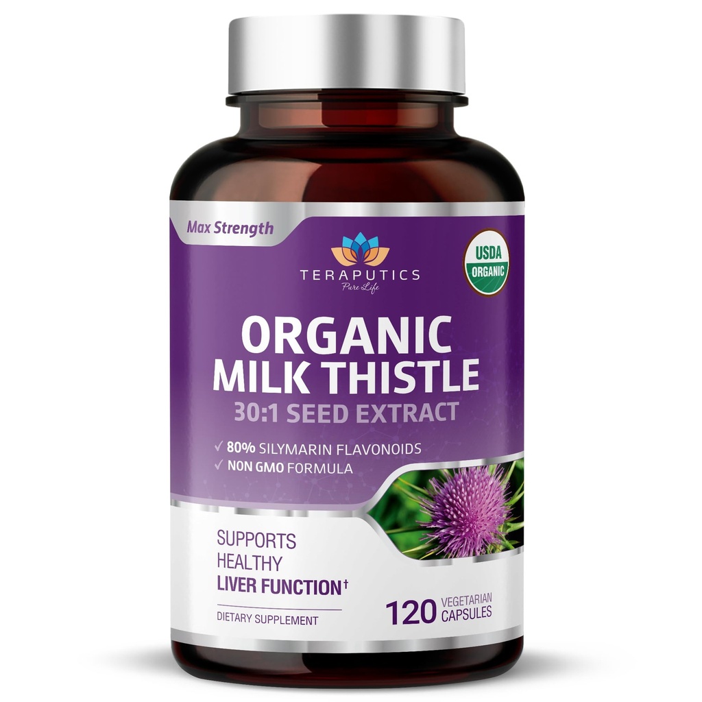 Thistle de lait biologique $ Non OGM 2000mg 4X Concentré supplément quotidien végétalien avec/extrait de graines de silymarin pour le soutien du foie, la désintoxication et le nettoyage - 60 capsules de légumes