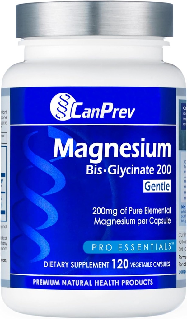 CanPrev Magnésium Bis-Glycinat doux 200mg, 120 V-Caps 120-Jour d'approvisionnement - supplément de magnésium élémentaire pur, soutient la fonction osseuse et musculaire, doux sur l'estomac, parfait pour les besoins quotidiens de magnésium