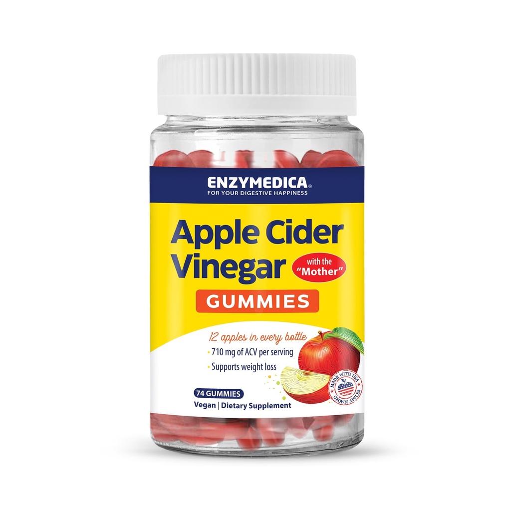 Enzymedica, Gommies de vinaigre de cidre de pomme, fabriqué avec la mère, 12 pommes biologiques, de croissance américaine par bouteille,[c][d] 1000 mcg Vitamine B12 par portion, pomme naturelle, 74 Compte