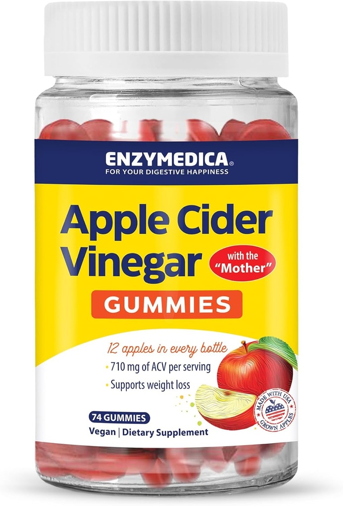 Enzymedica, Gommies de vinaigre de cidre de pomme, fabriqué avec la mère, 12 pommes biologiques, de croissance américaine par bouteille,[c][d] 1000 mcg Vitamine B12 par portion, pomme naturelle, 74 Compte