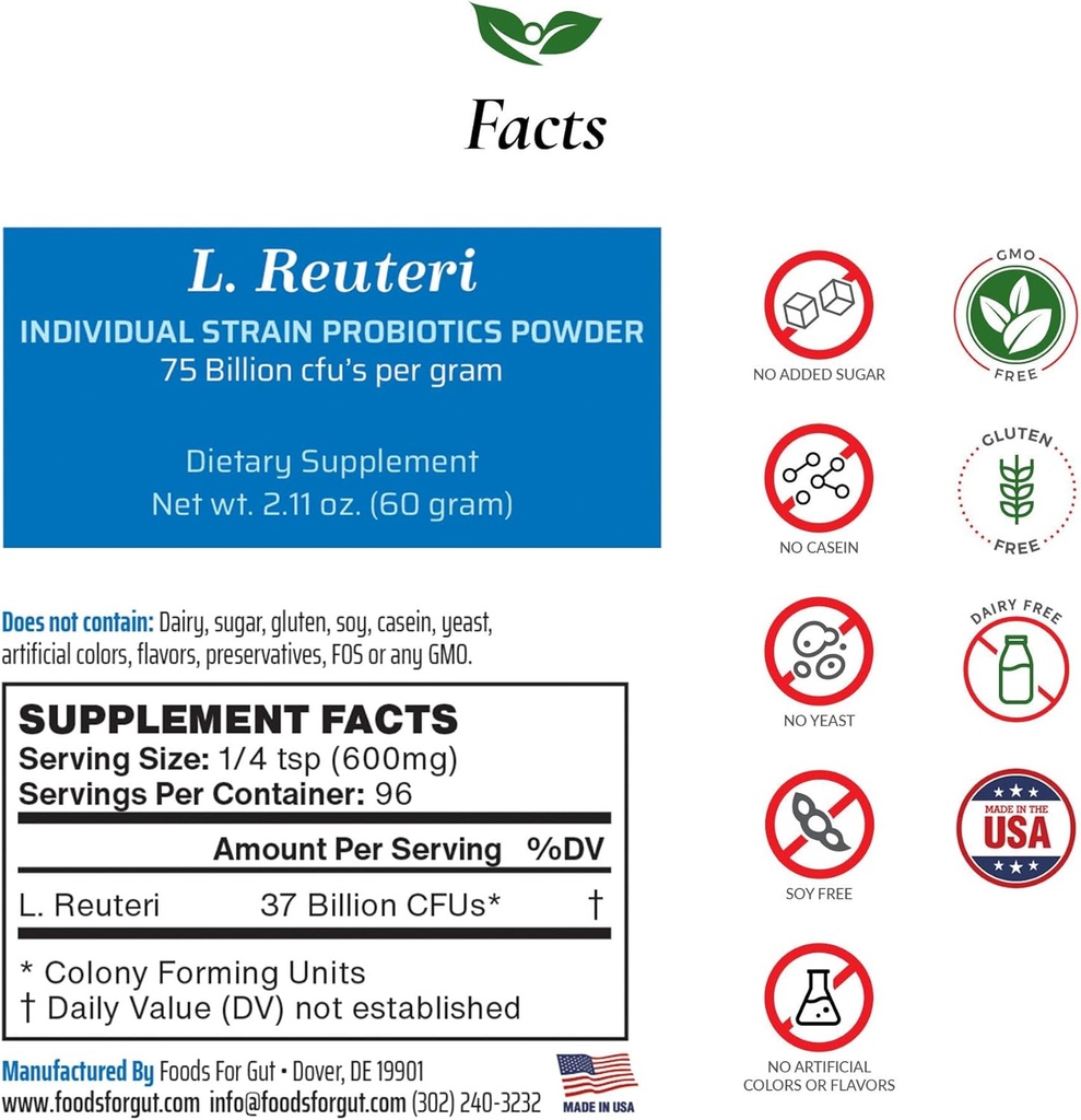 Lactobacillus Reuteri Probiotic Powder 75 Million de cfu Fabriqué aux États-Unis Aucun additif Réciproque du fabricant Aucun stockage tiers Réciproque Digestion et protection immunitaire L. Reuteri 60 Grams (2.11 OZ)