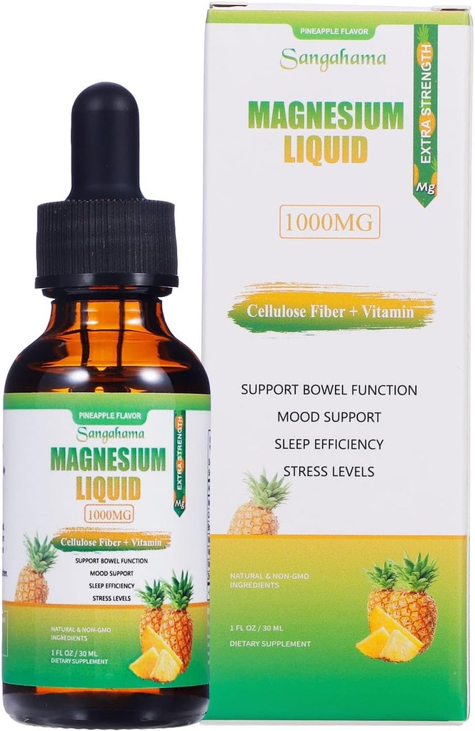 Gouttes liquides de glycinate de magnésium, 1000mg Supplément liquide de magnésium avec fibre de cellulose, bromélaine, vitamine B6, C, D, zinc, non-OGM, saveur d'ananas(1fl oz)