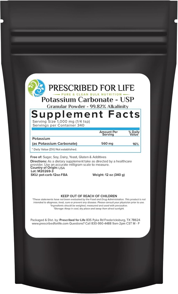 Prescribed for Life Potassium Carbonate Powder, Natural USP Food Grade Potash for Plants, Soap, Supplements, & More, Pure Bulk Potassium Powder (12oz / 340g)