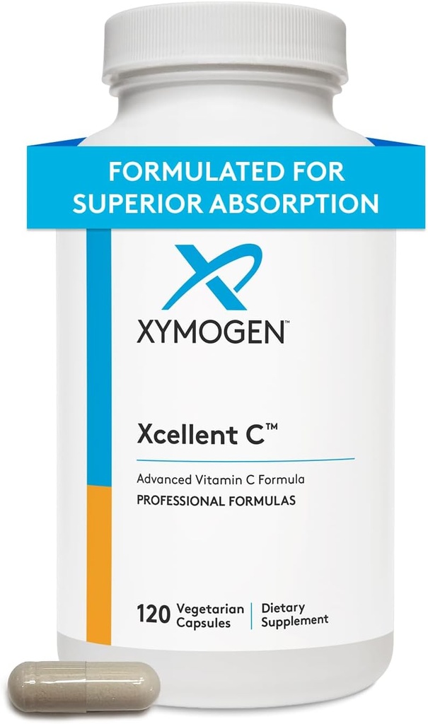 XYMOGEN Xcellent C - Supplément de vitamine C à dose élevée avec BioPerine pour l'absorption accrue - Buffered to Minimize GI Upset - Imune Support + Supplément d'antioxydants (120 capsules)