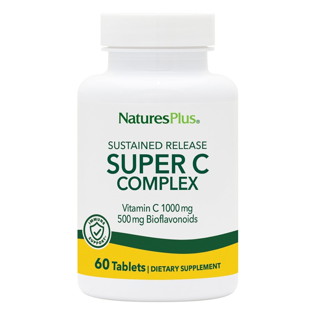 Complexe NaturesPlus Super C, libération prolongée - 60 comprimés - 1000mg Vitamine C + 500mg Bioflavonoïdes - Végétarien, Sans gluten - 60 portions