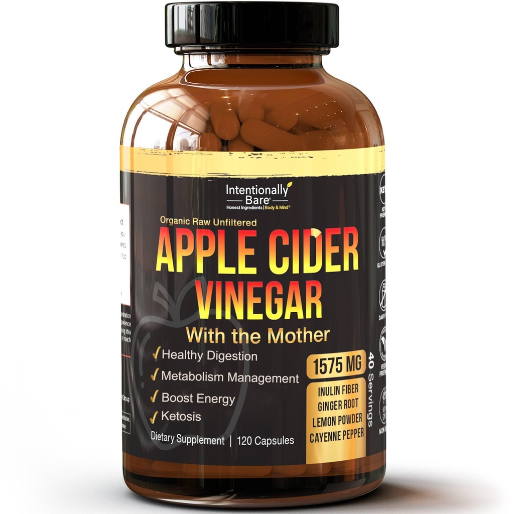 Vinaigre de cidre de pomme avec gélules mère - Capsules de vinaigre de cidre de pomme avec gingembre, citron, Cayenne et inuline - Kéto Friendly et sans gluten pour l'énergie, l'immunité et la santé Gut - 120 Capsules