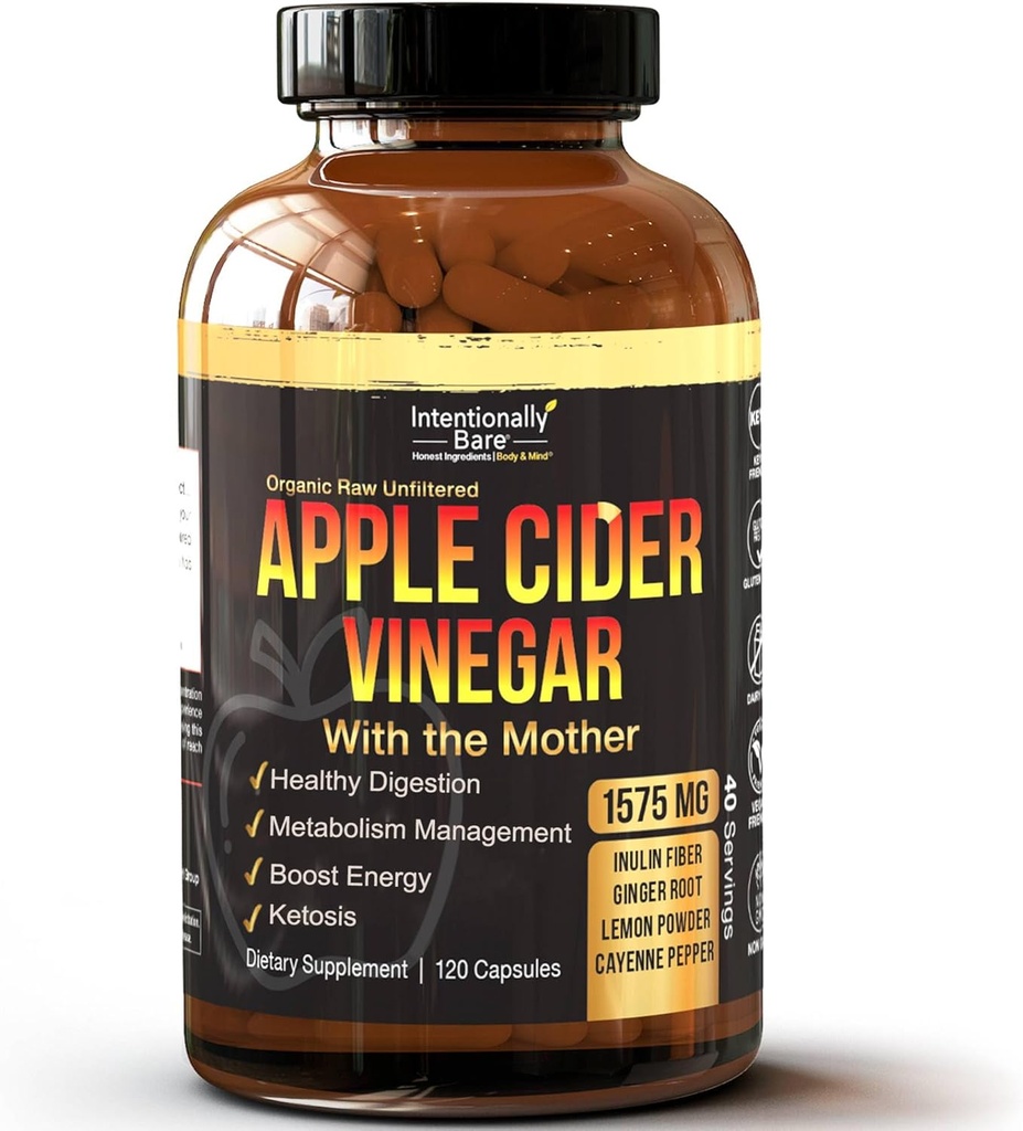 Vinaigre de cidre de pomme avec gélules mère - Capsules de vinaigre de cidre de pomme avec gingembre, citron, Cayenne et inuline - Kéto Friendly et sans gluten pour l'énergie, l'immunité et la santé Gut - 120 Capsules