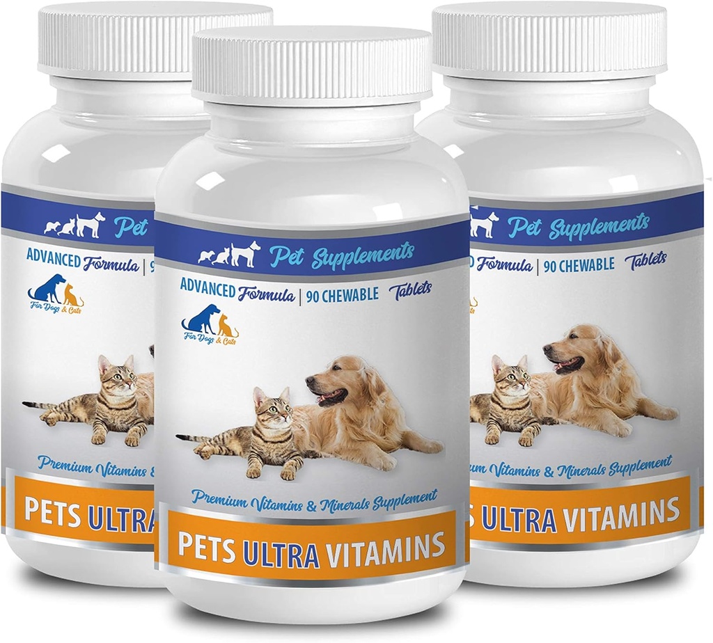 Supplément musculaire pour chien - Animaux de compagnie Ultra Vitamines - pour chiens et chats - Santé immunitaire - Avantages pour les cheveux et les manteaux - Chews au calcium pour chien - 270 gâteries (3 bouteilles)
