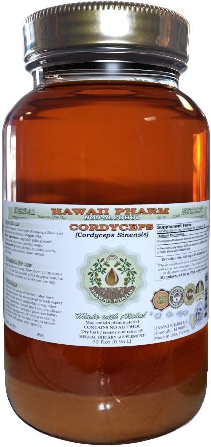 Cordyceps Alcohol-Free Liquid Extract, Cordyceps (Cordyceps Sinensis) Mushroom Glycerite Hawaii Pharm Natural Herbal Supplement 32 oz Unfiltered