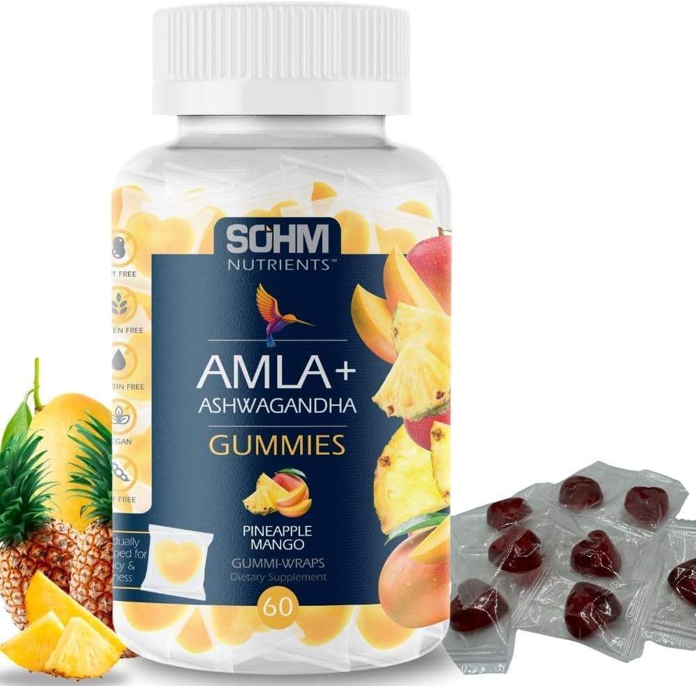 SOHM Amla et Ashwagandha Gummies, emballés individuellement, soutient la santé immunitaire saine, réduit les infections -Ashwagandha Gummies pour les femmes et les hommes Végétarien(Pineapple,Mango)