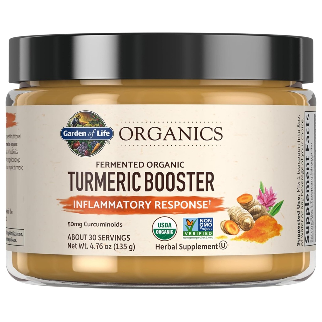 Garden of Life Organics Booster Turmeric Inflammatory Response Poudre - 30 portions, 50 mg Curcumine (95 % Curcuminoïdes) et probiotiques, suppléments végétaux non OGM et sans gluten