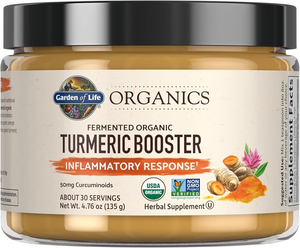 Garden of Life Organics Booster Turmeric Inflammatory Response Poudre - 30 portions, 50 mg Curcumine (95 % Curcuminoïdes) et probiotiques, suppléments végétaux non OGM et sans gluten