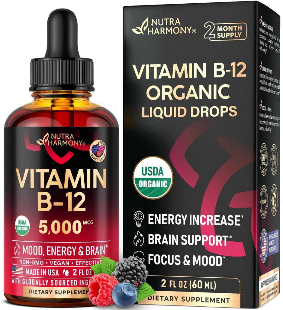 USDA Vitamine biologique B12 gouttes sublinguales - 5000 mcg Méthylcobalamine végane liquide pour les femmes et les hommes - Boost énergétique, focus et humeur, soutien à la santé cérébrale - Maximiser l'absorption - 2 mois d'approvisionnement, 2 fl oz
