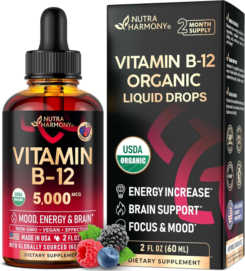 USDA Vitamine biologique B12 gouttes sublinguales - 5000 mcg Méthylcobalamine végane liquide pour les femmes et les hommes - Boost énergétique, focus et humeur, soutien à la santé cérébrale - Maximiser l'absorption - 2 mois d'approvisionnement, 2 fl oz
