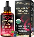 USDA Organic Vitamin B12 Sublingual Drops - 5000 mcg Liquid Vegan Methylcobalamin for Women & Men - Energy Boost, Focus & Mood, Brain Health Support - Maximize Absorption - 2 Month Supply, 2 fl oz
