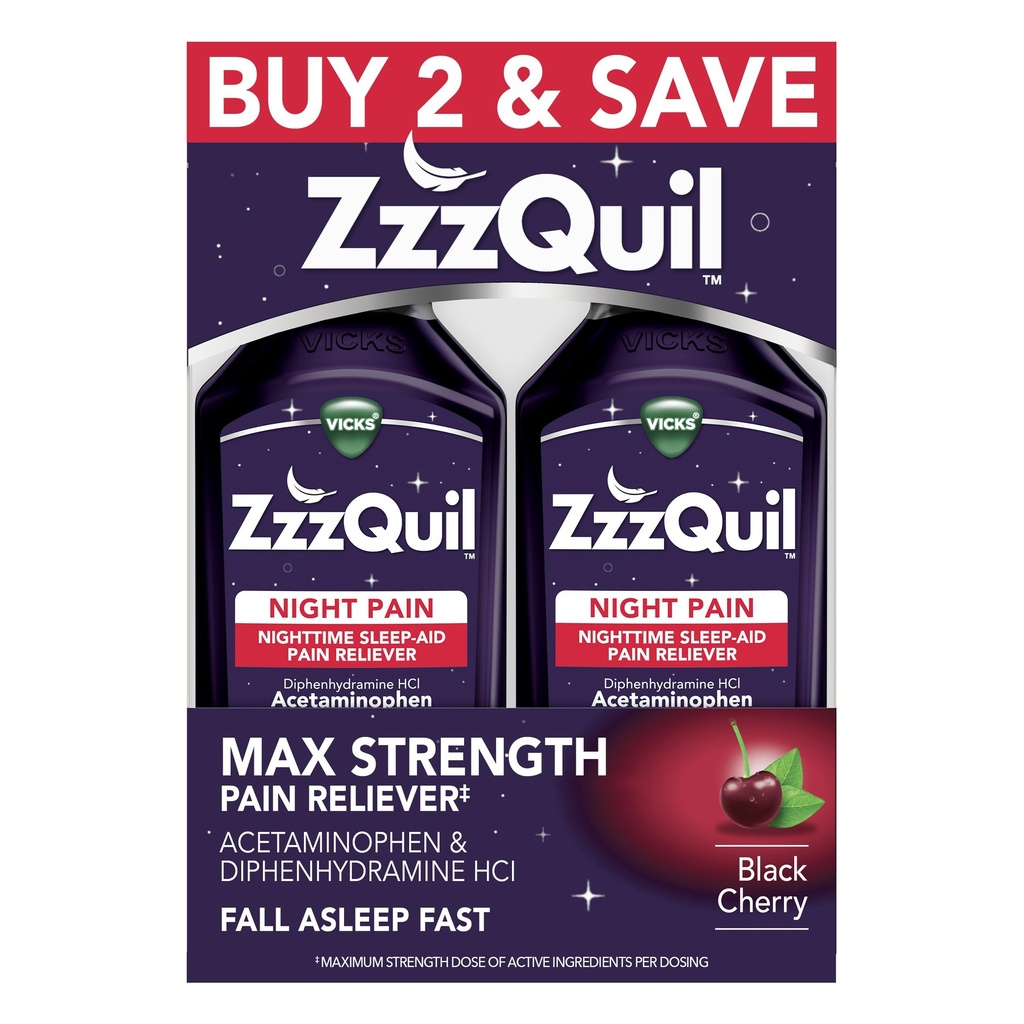 ZzzQuil Liquid Max Strength Pain Reliefer, Aide au sommeil de nuit liquide, Acétaminophène 1000mg, Diphenhydramine 50mg HCI, Non-Habit Forming, Noir cerise aromatisé, 2 Pack, 24 FL OZ