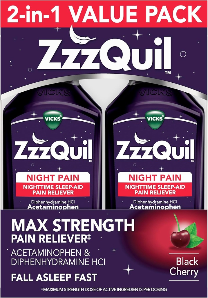 ZzzQuil Liquid Max Strength Pain Reliefer, Aide au sommeil de nuit liquide, Acétaminophène 1000mg, Diphenhydramine 50mg HCI, Non-Habit Forming, Noir cerise aromatisé, 2 Pack, 24 FL OZ