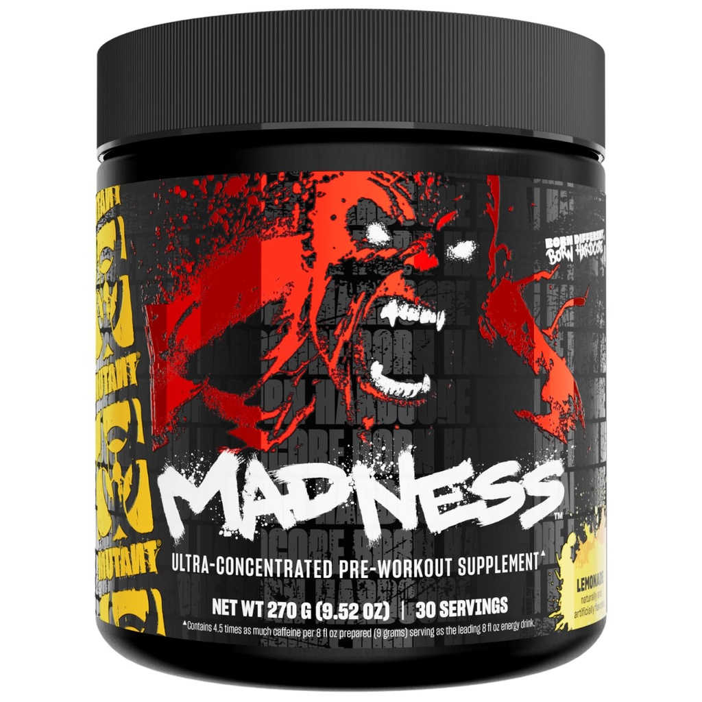 La folie mutante (Powder Performance and Pump Blend) comprend la L-Citrulline, la Beta-Alanine, la Taurine, la L-Tyrosine (Lémonade)