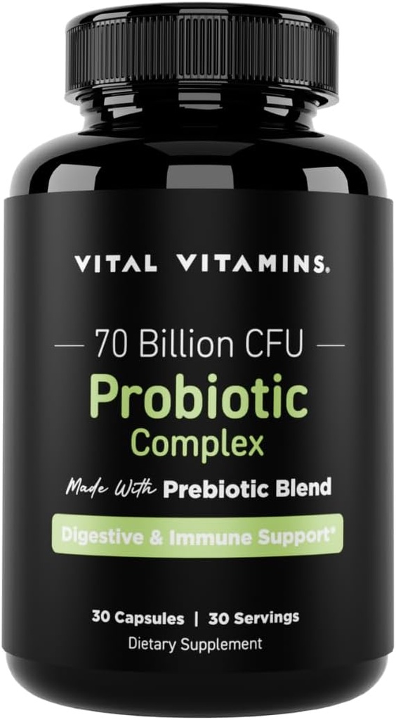 Vitamines vitales Complexe probiotique pour les hommes et les femmes - 70 Million CFU - Fabriqué avec un mélange prébiotique - Soutien digestif, gustatif et immunitaire - Puissant mélange de 10 souches - 30 capsules