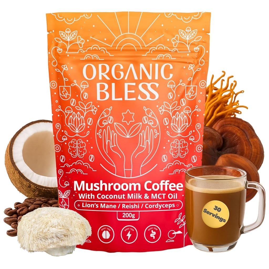 Poudre de café de champignons instantanés bio Bless – Lion biologique Mane, Reishi & Cordyceps Mélange pour l'énergie, Focus & Clarity – Café adaptogène avec lait de coco et huile MCT – 30 portions