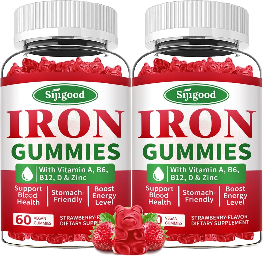 Gommies de fer 2 Pack pour les femmes et les hommes - supplément de fer végétalien pour l'anémie et le déficit en fer, avec vitamine B12, vitamine C, zinc, folate - stimuler l'énergie, sans sucre, saveur de fraise, 120 comte