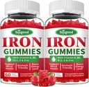Gommies de fer 2 Pack pour les femmes et les hommes - supplément de fer végétalien pour l'anémie et le déficit en fer, avec vitamine B12, vitamine C, zinc, folate - stimuler l'énergie, sans sucre, saveur de fraise, 120 comte
