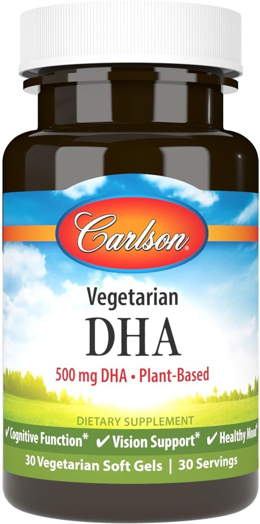 Carlson - Vegetarian DHA, 500 mg DHA, Plant Based, Sustainably Sourced from Algae, Brain Support, Mood Health, 30 Softgels
