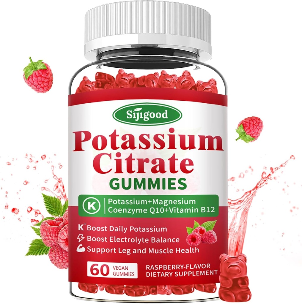 Gommies de citrate de potassium – Supplément de potassium pour la santé musculaire, le soulagement des crampes des jambes et l'équilibre électrolytique, végétalien, non-OGM, sans gluten, saveur de framboise, 60 comtes