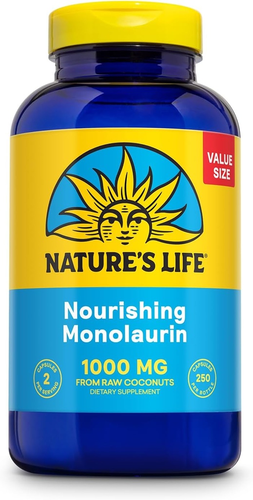Nature's Life Monolaurin 1000 mg, Nourrissant Monolaurin de noix de coco crue naturelle, Supplément de soutien immunitaire, Gut Health, Gut Flora équilibré, garantie de 60 jours, 125 portions, 250 capsules végétariennes