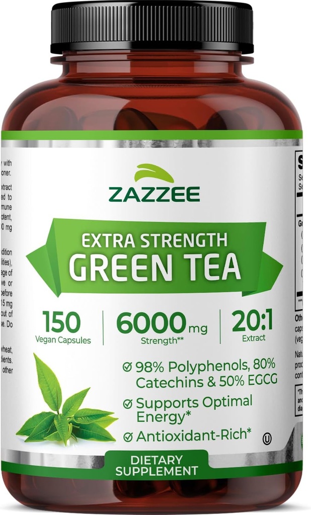 Zazzee Extra Strength Green Tea 20:1 Extrait, 6000 mg Strength, 50% EGCG, 98% Polyphénols et 80% Catcéhins, 150 Capsules Vegan, 5 Mois d'approvisionnement, Standardisé et Concentré 20X Potence, Non-OGM