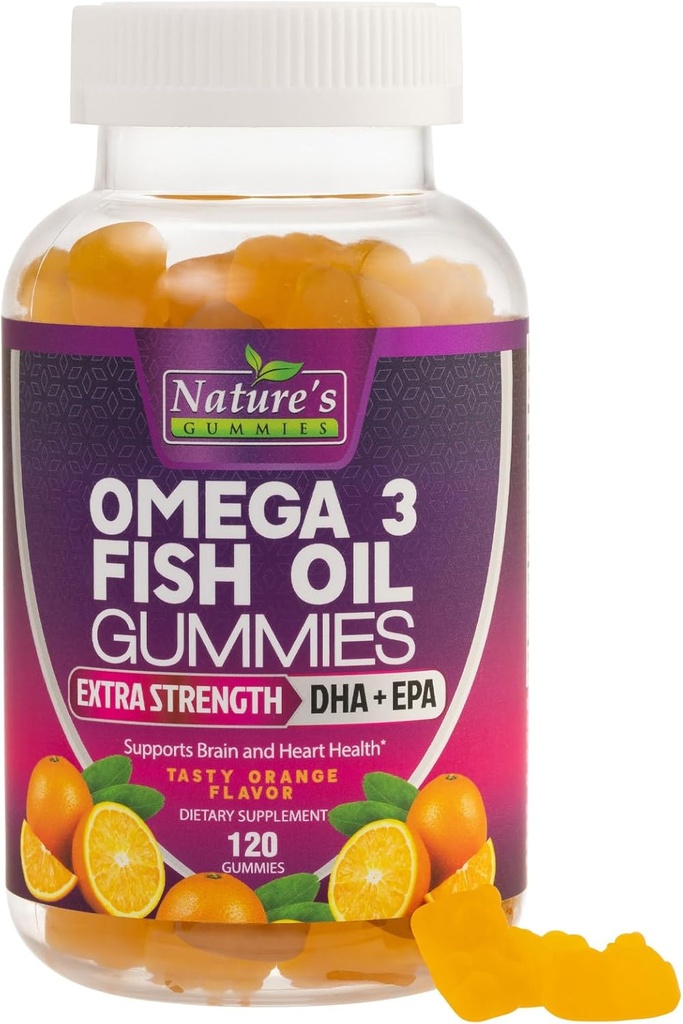 Omega 3 Huile de poisson Gommies, supplément de Gommy Omega 3 santé cardiaque avec haute absorption DHA & EPA, joint de force supplémentaire et soutien du cerveau, huile de poisson de saveur orange délicate Vitamine de la nature - 120 Gommies