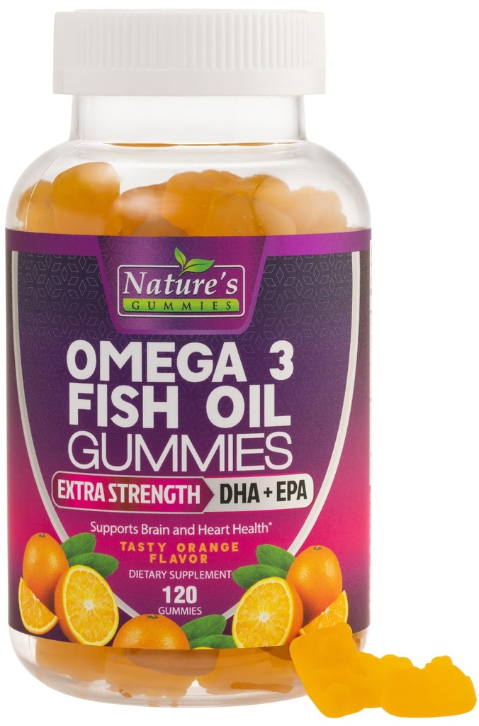 Omega 3 Huile de poisson Gommies, supplément de Gommy Omega 3 santé cardiaque avec haute absorption DHA & EPA, joint de force supplémentaire et soutien du cerveau, huile de poisson de saveur orange délicate Vitamine de la nature - 120 Gommies