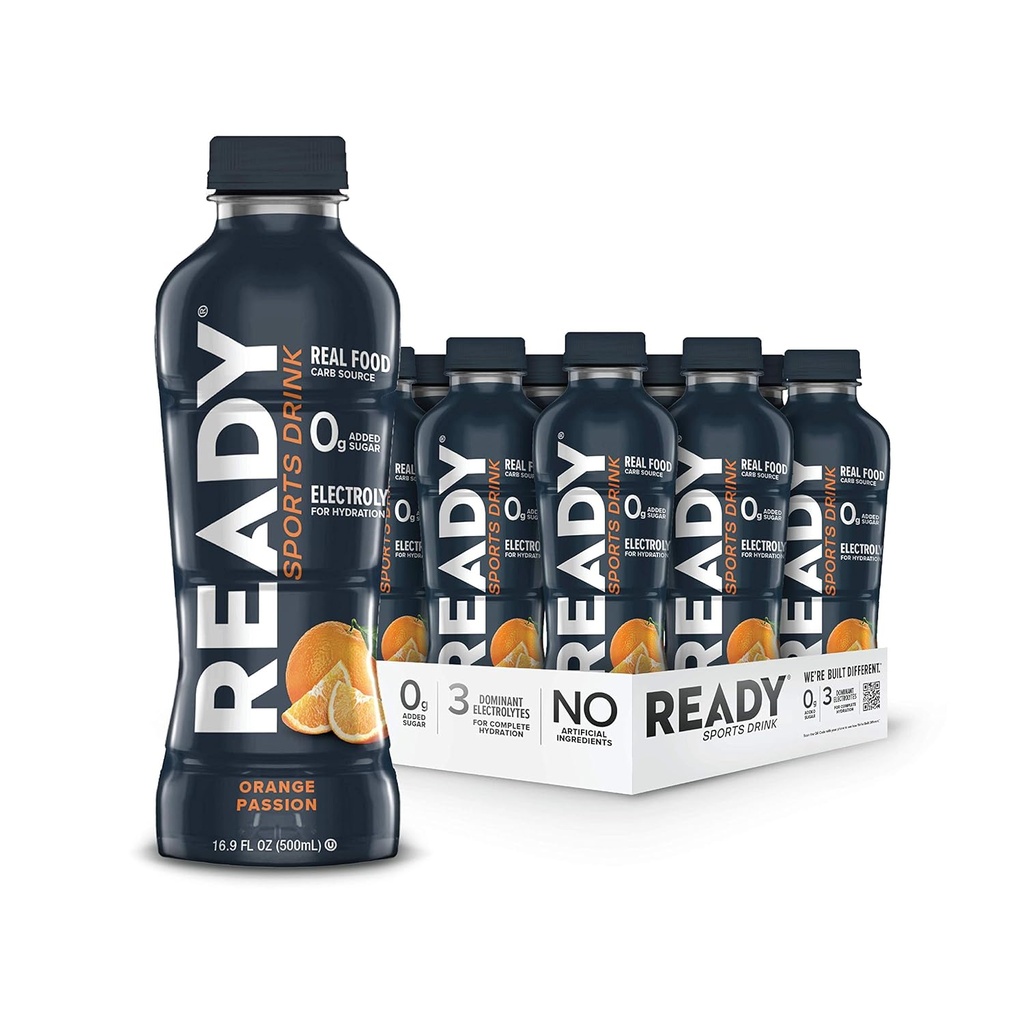 Ready® Sports Drink – Hydratation par électrolyte avec des glucides super-fruits, des vitamines B et pas de sucre ajouté – Énergie propre pour les athlètes & Endurance – Sans gluten, végétalien, casher – Orange Passion (12-Pack)