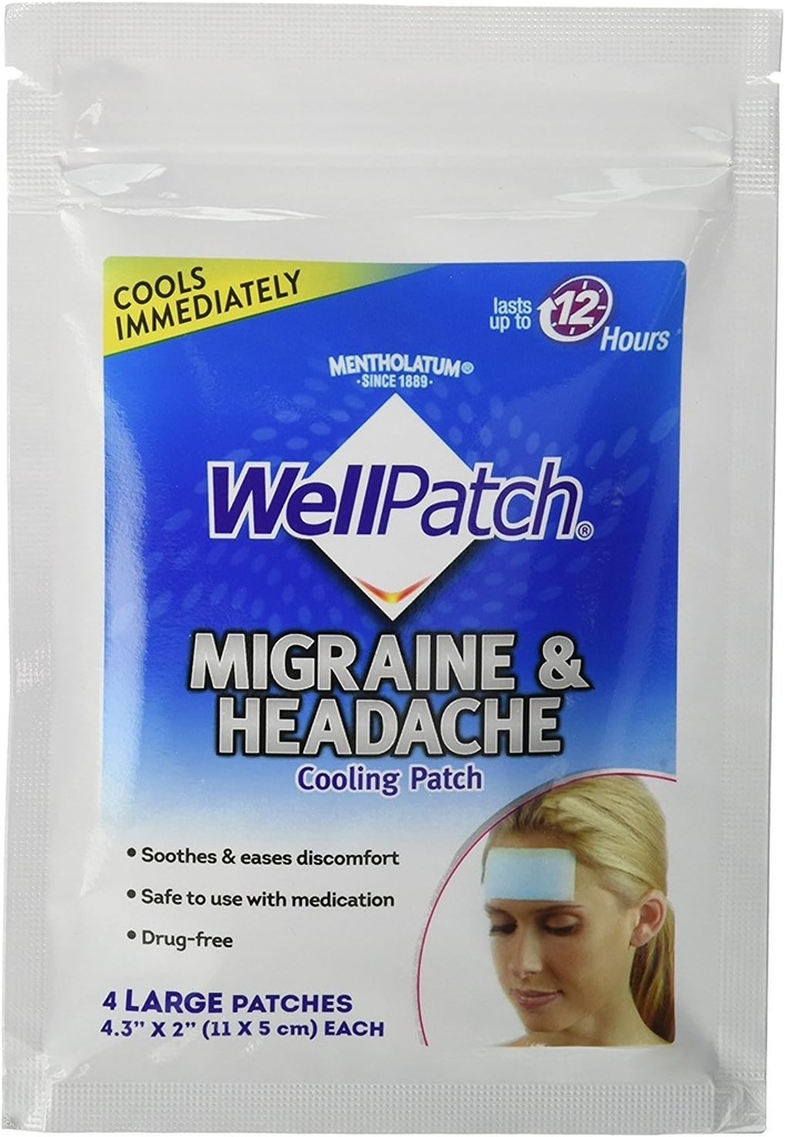 WellPatch migraine et maux de tête Cooling Patch - sans médicament, dure jusqu'à 12 heures, sans danger pour l'utilisation avec des médicaments - grands Patches (4 grands Patches), chaque 4,3 x 2 en