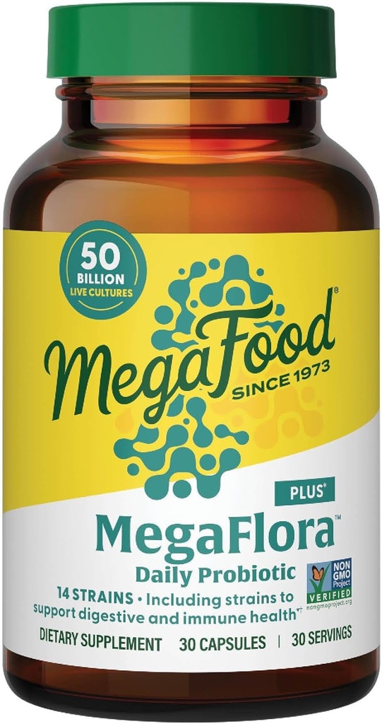 MegaFood MegaFlora Probiotic Plus - Probiotiques pour les femmes et les hommes santé digestive- 50 milliards CFU et 14 souches - Supplément de soutien immunitaire - Végétarien - 30 capsules