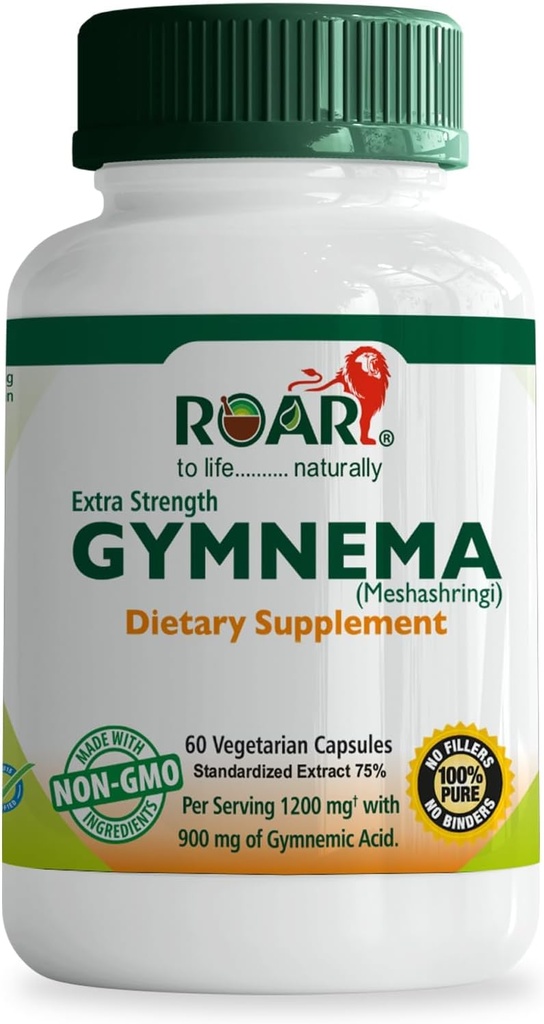 ROAR TO LIFE .......... NATURALLY Gymnema Sylvestre 1200 mg (Highest Potency) Ayurvedic Plant Extract Veg Capsules Supplement Tablets with 75% Gymnemic Acid Non-GMO 60 Count per Serving.