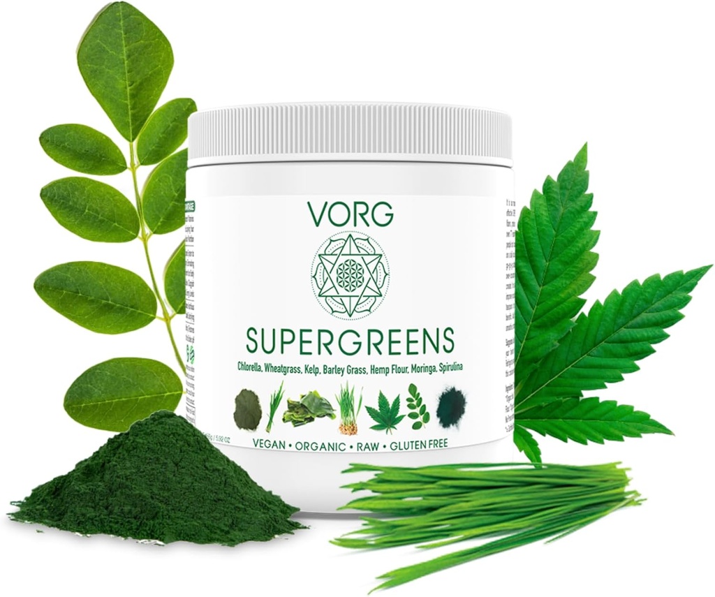 VORG SuperGreens - poudre de superaliments vert 1 avec Chlorella, Orge, Moringa, Kelp, Spiruline, Blégrass - 100% biologique - Probiotiques, fibres et enzymes (1 semaine d'approvisionnement)