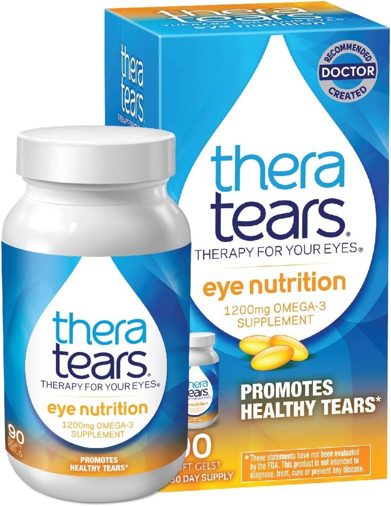 TheraTears 1200mg Omega 3 Supplément pour la nutrition des yeux, Huile de Triglycéride de lin biologique et vitamine E, 90 Compte