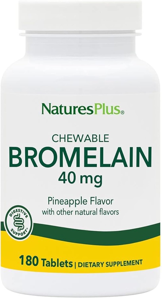 Natures Plus Bromelain à croquer - 40 mg - Supplément enzymatique protéolytique naturel - 180 comprimés à croquer (180 portions)