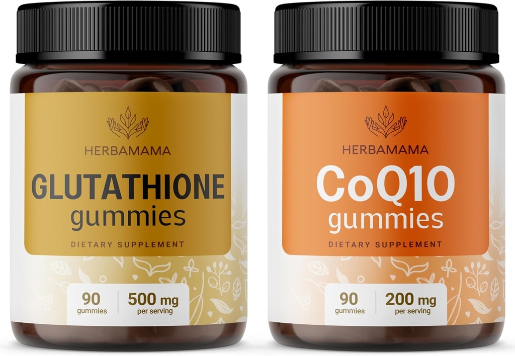 HERBAMAMA Glutathion et CoQ10 Kit - Ensemble de 500 mg de L-glutathion réduit et de 200 mg de CoQ10 Gummies - Vegan, non-OGM, sans gélatine - 2 Pack