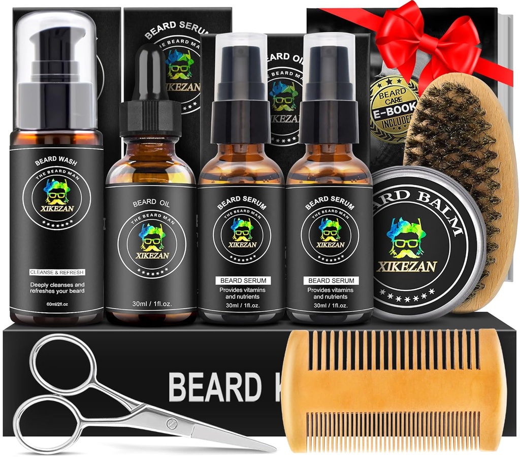 XIKEZAN Beard Kit for Men Grooming & Care Set w/2 Pack Beard Serum, Laver, Huile, Baume, Peigne, Brosse, Ciseaux, Sac, EBook, Cadeaux d'anniversaire uniques pour les hommes Il Papa Maris Frère Bas Noël